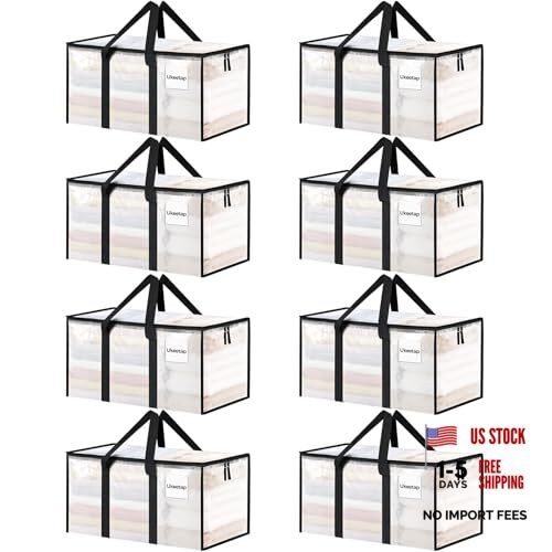 Extra Large Heavy Duty Moving Bags Storage Bins with Lids, 8 Pack Clear
