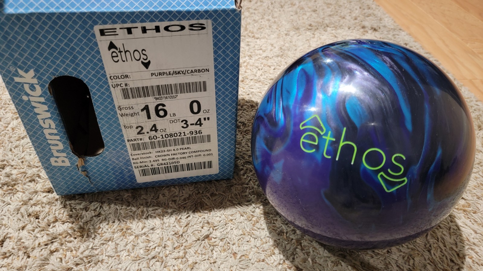 Brunswick Ethos Bowling Ball 1st Quality | 16 Pounds | 3-4" Pin | 2.4oz TW