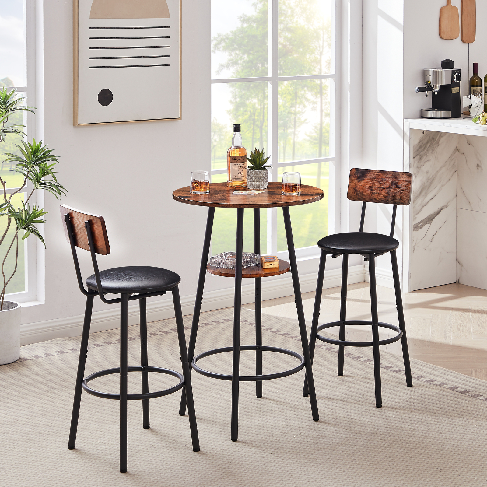 3PCS Industrial Bar Table Chairs Set Pub Table and 2 PU Upholstered Stool Chairs