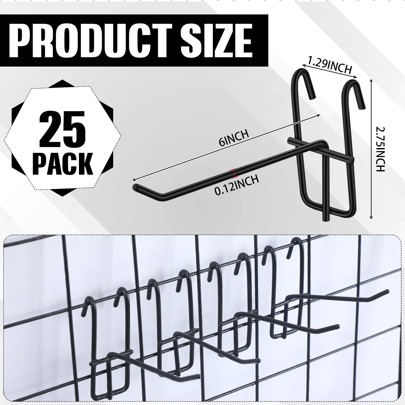 25 PCS 6 Inch Grid Wall Hooks Panel Store Garage Mount Display Hanger Black