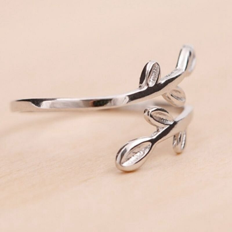 Ring Leaf Wrap Band Open Adjustable Silver Ring Leaves