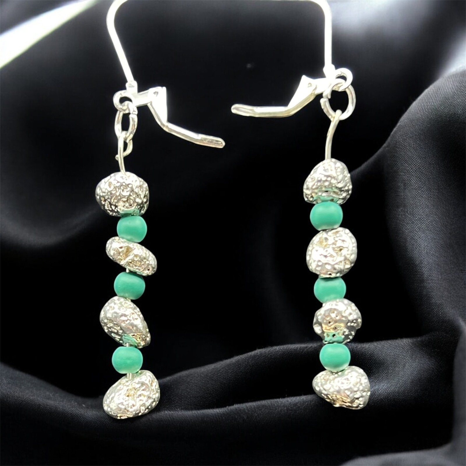 Boho silver lava and turquoise colored  2.5"  earrings