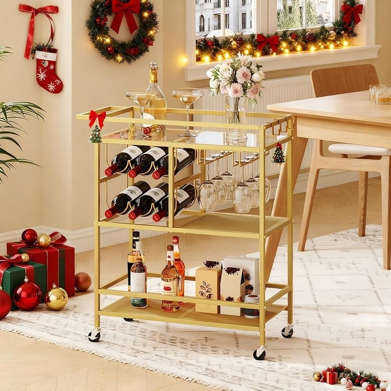 Multi-Level Kitchen Cart W/ Wine Rack Glass Holders Rolling Storage Trolley New