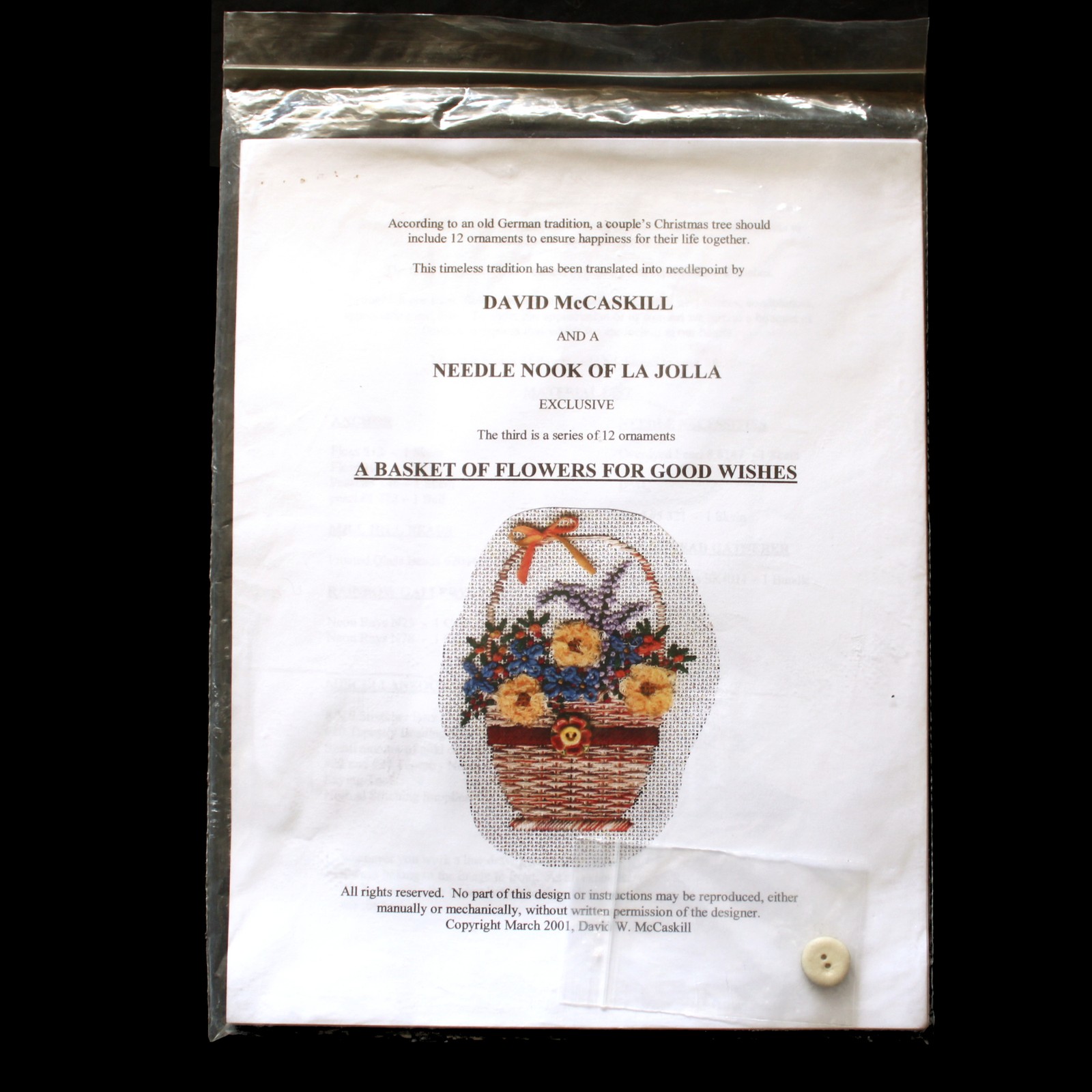 DAVID MCCASKILL NEEDLEPOINT SG W/ THREADS: 3RD ORNAMENT BASKET OF FLOWERS...  BM
