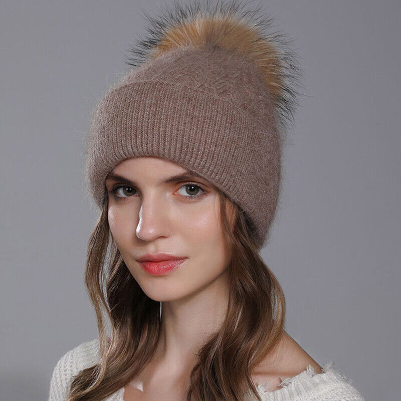 Women Winter Rabbit Fur Knitted Cap Raccoon Fur Pompom Ball Thick Beanies Hats D