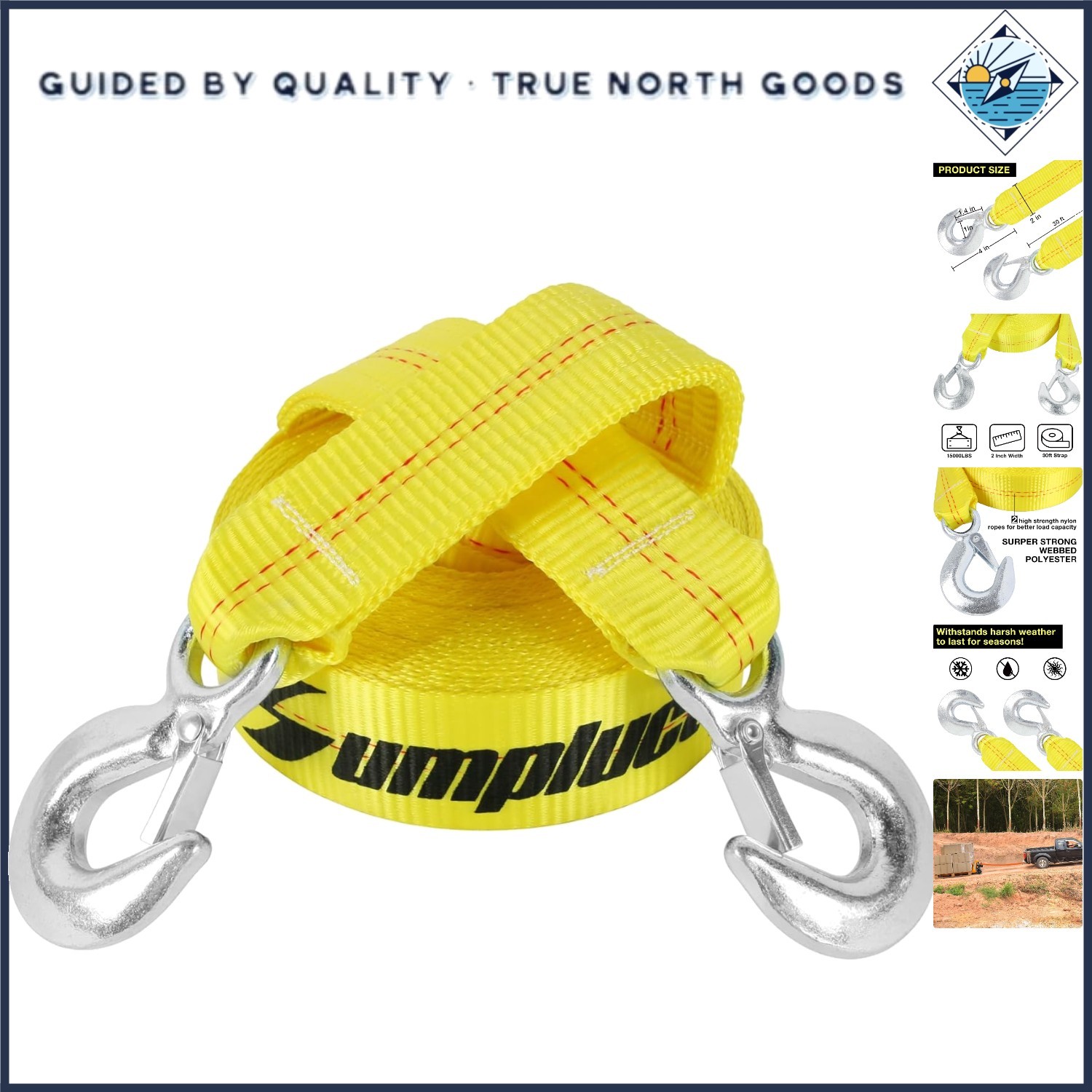2" x 30' Heavy Duty Recovery Tow Strap with Protective Loop Eyes Towing