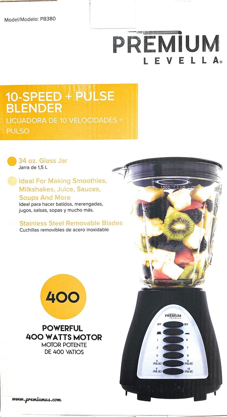Premium Levella 10-Speed Pulse Blender 34 Oz Glass Jar PB380 400W Black