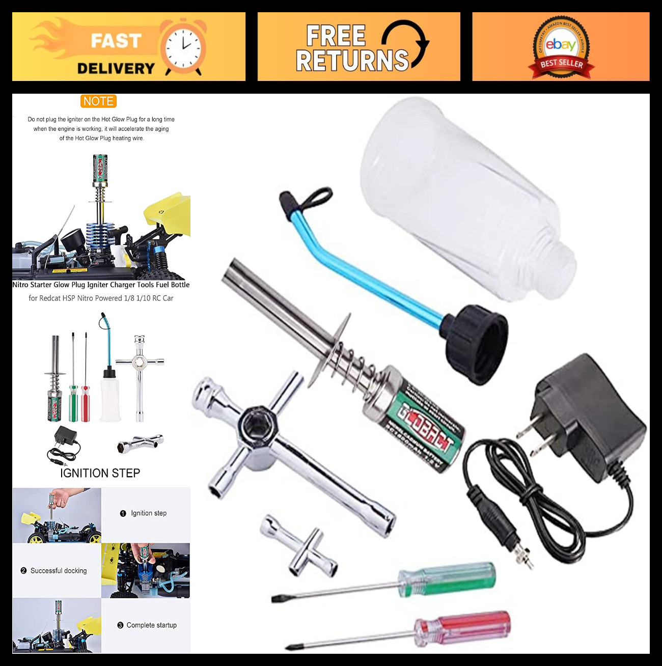 Nitro RC Car Starter Kit - Glow Plug Igniter, Charger, Fuel Bottle for 1/8 1/10