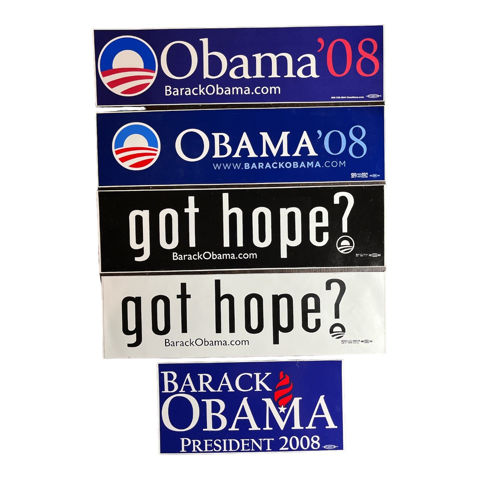 Set of 5 Obama 2008 Bumper Stickers Barack Obama, Obama ’08 & got hope?