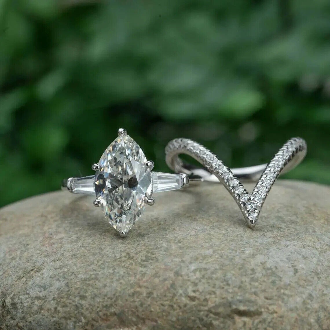 Lab-Created Marquise Cut 3.20 Ct Diamond Engagement Ring Set 925 Sterling Silver