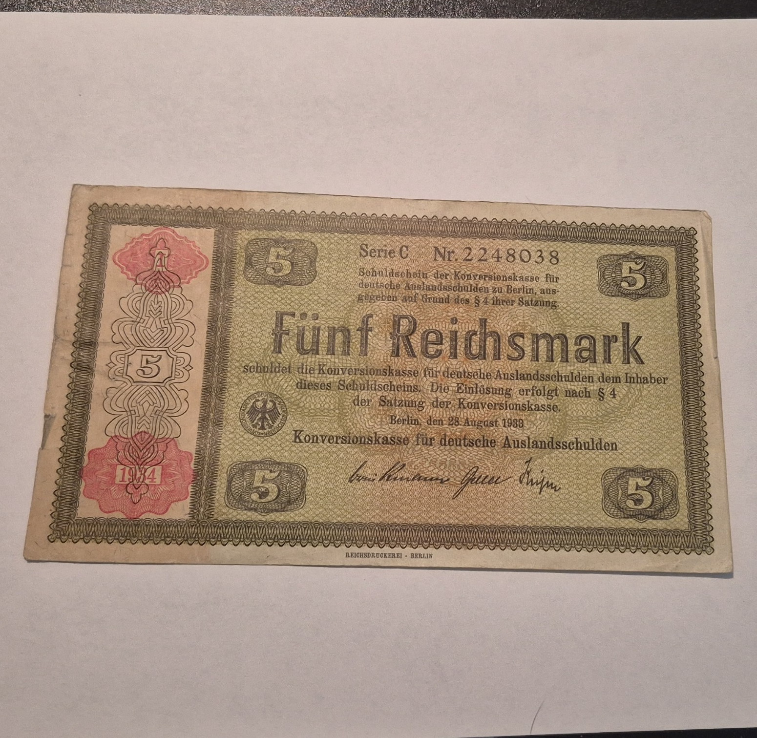 Rare, Germany 1923 5 Reichsmark Banknote Note Serial/Cert Nr. 2248038