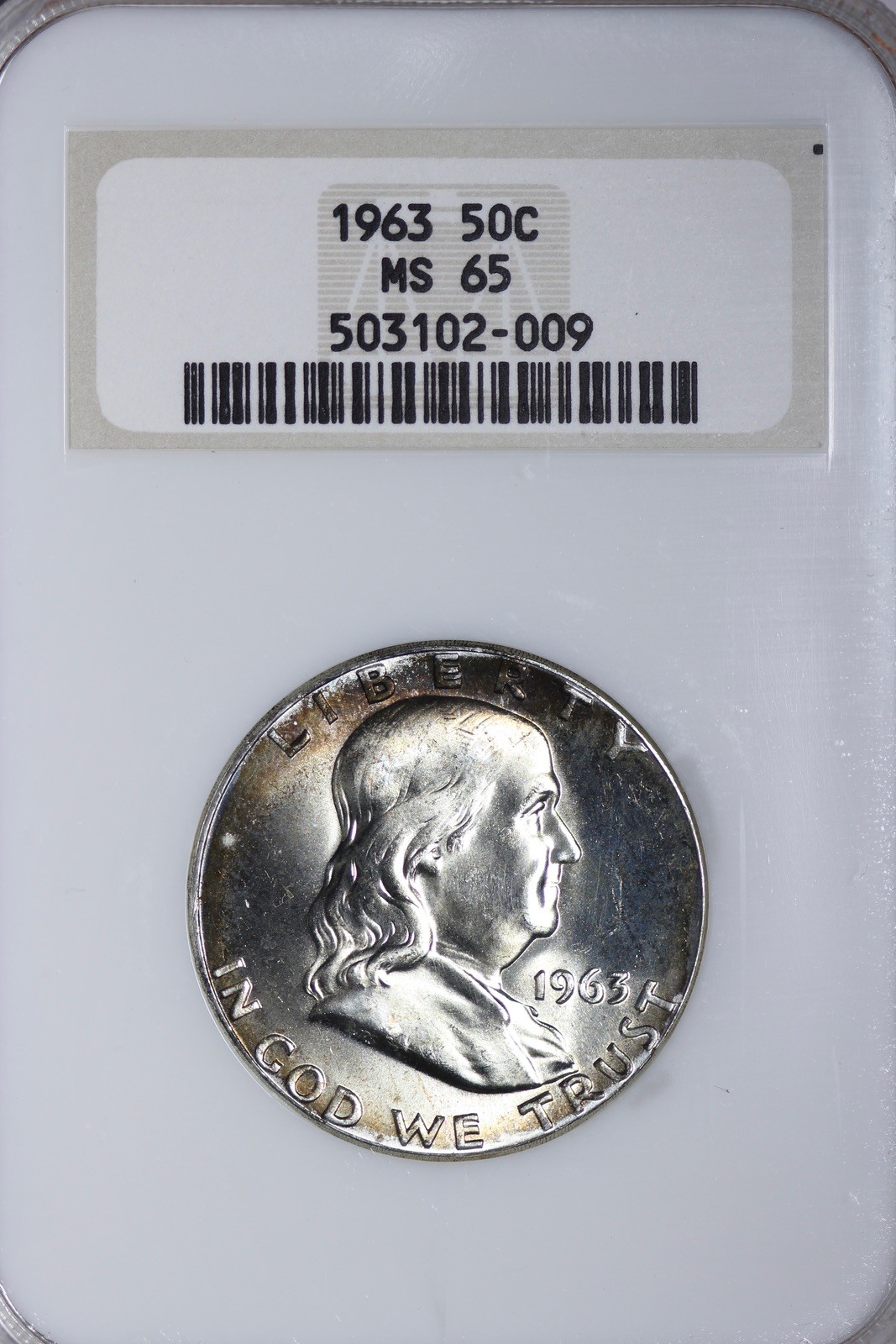 GEM BU 1963 Franklin Half Dollar NGC MS65 Toned Old Fat Holder DJEM