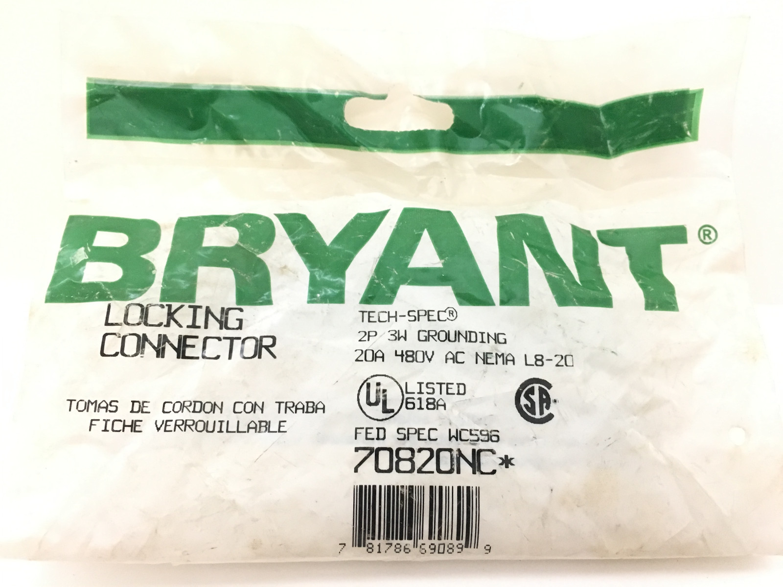 Locking Connector,Black/White,480VAC,20A BRYANT 70820NC