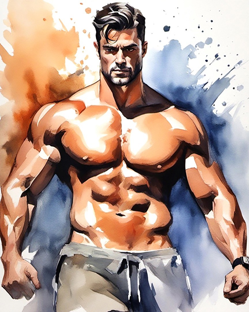 Watercolor Style Muscular Male Art Print - Limited Edition  #1102