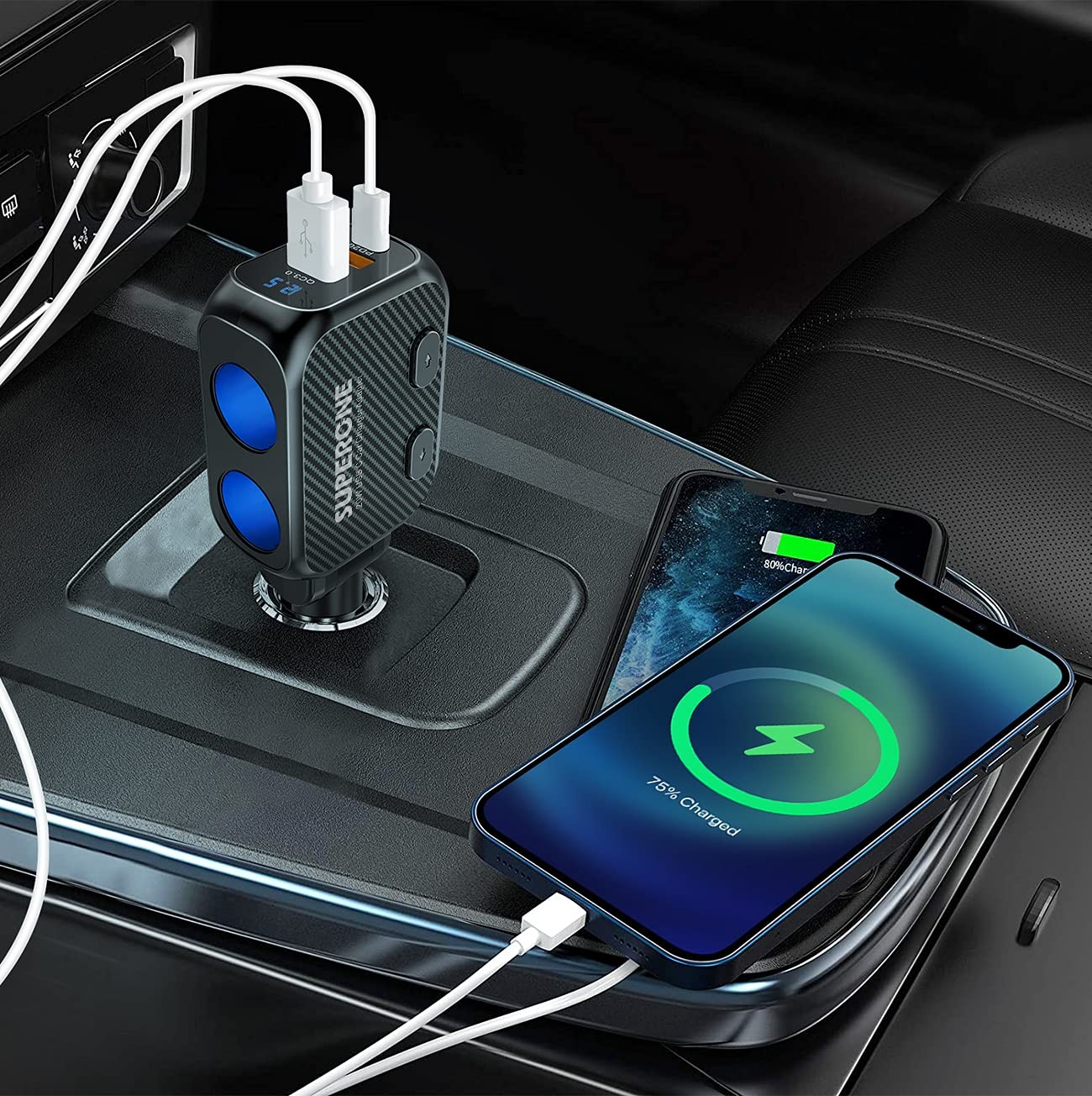 SUPERONE 180W Cigarette Lighter Splitter with 20W PD, 2-Socket black
