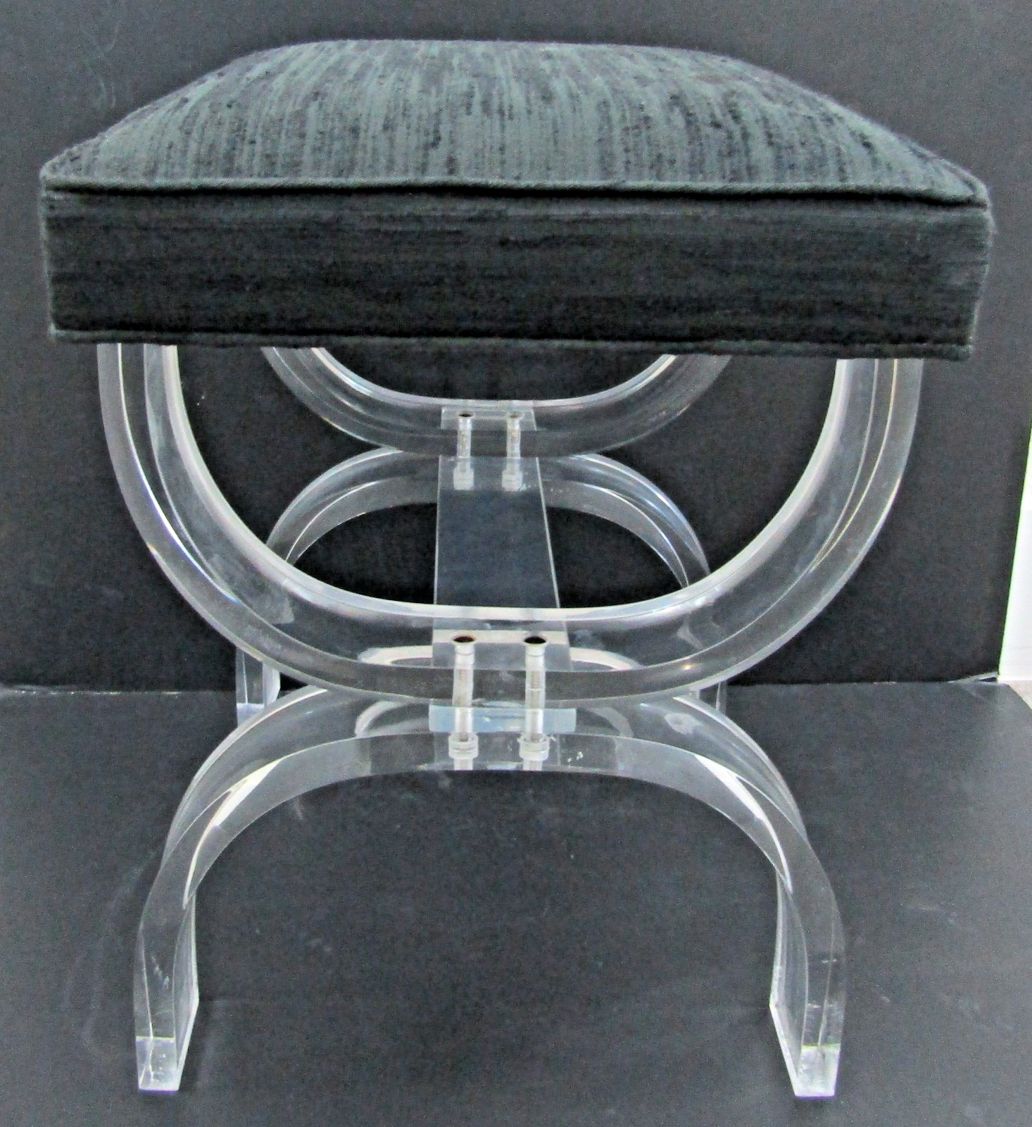 Vintage Lucite and Black Upholstery Thick Curved Legs X-Style Vanity Stool