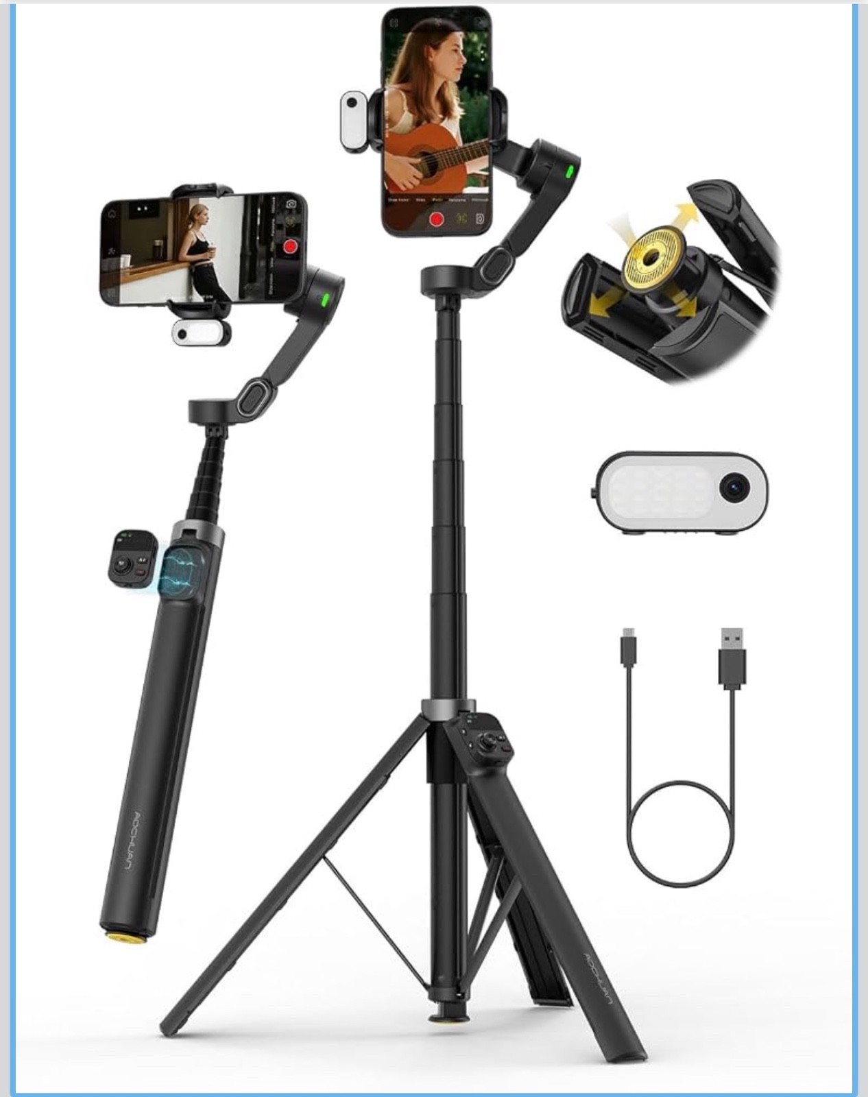 AOCHUAN 70.9” Gimbal Stabilizer for iPhone w/AI Tracking Module & Fill Light NEW