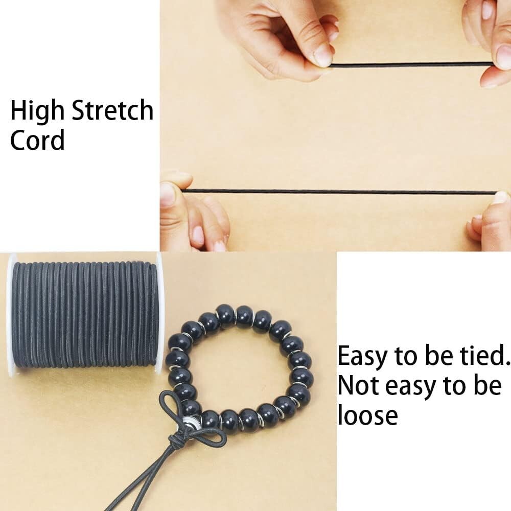 Black Beaded Cords for Bracelets & Jewelry Making - Elastic & Durable - 50 Yards