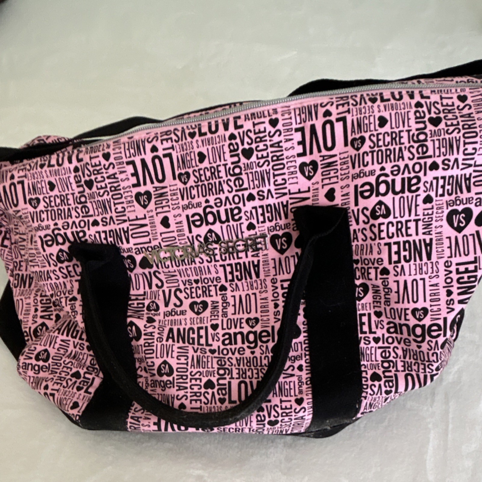 Victoria's Secret Pink and Black Grip Gym Bag Zipper Angel Love Adjustable Strap
