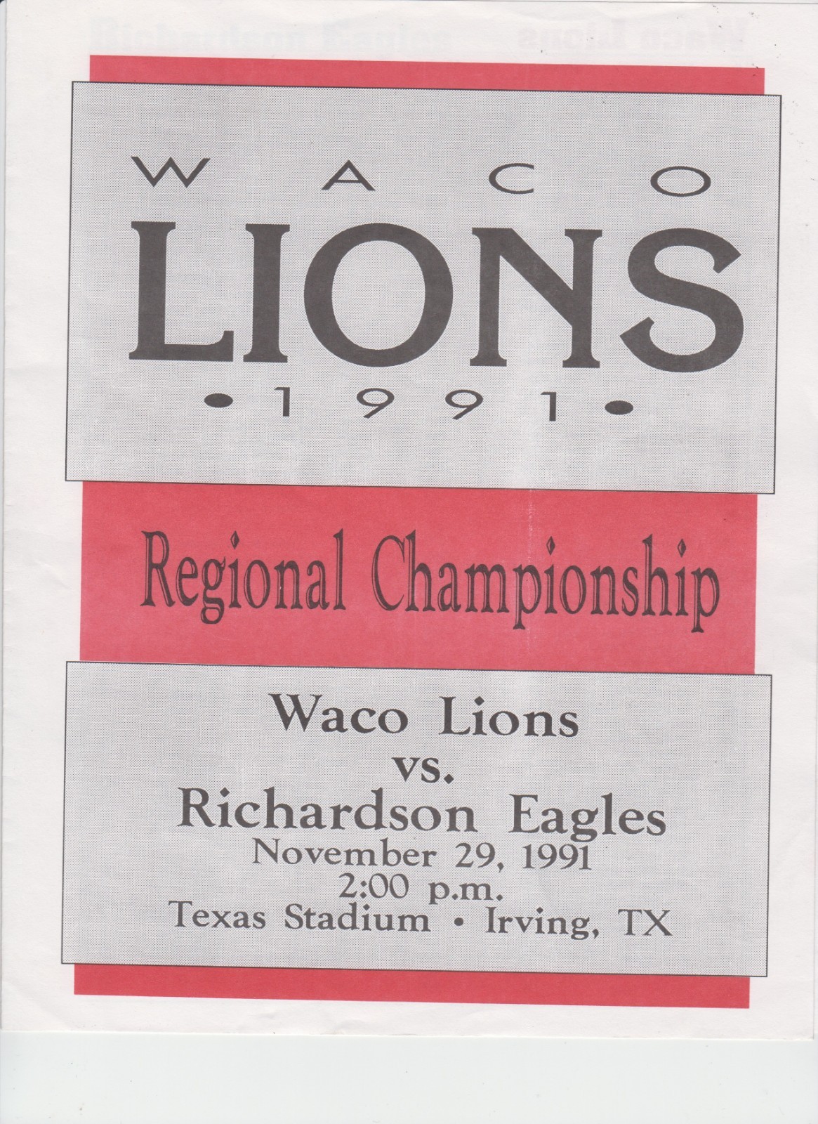 1991 TEXAS 5A REGIONAL CHAMPIONSHIP FOOTBALL  program  WACO vs RICHARDSON