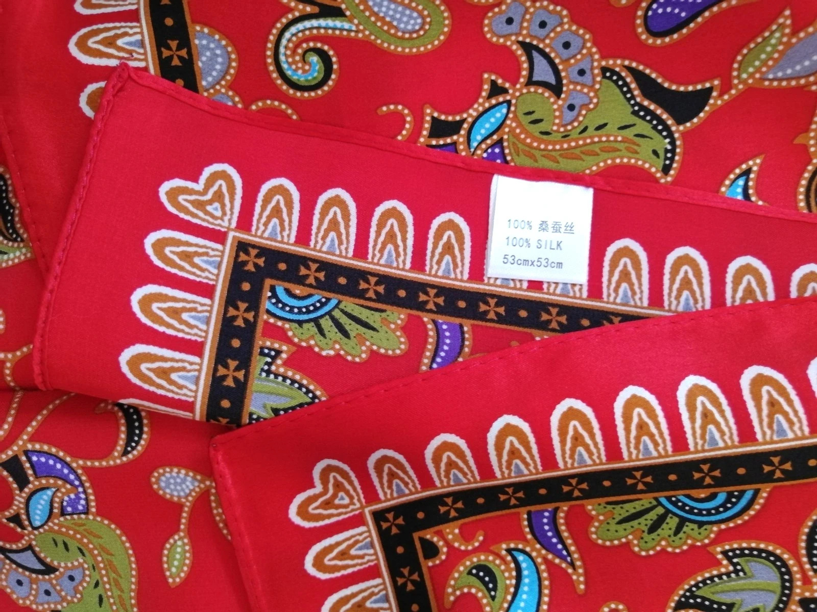 21”X21"Red Paisley Print Pure Mulberry Satin Silk 12momme Scarf 53x53cm5-156