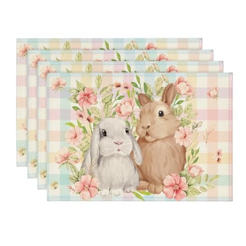 Bunny Rabbit Flowers Floral Buffalo 12" x 18", Rectangular 4 Pcs Pink/Blue