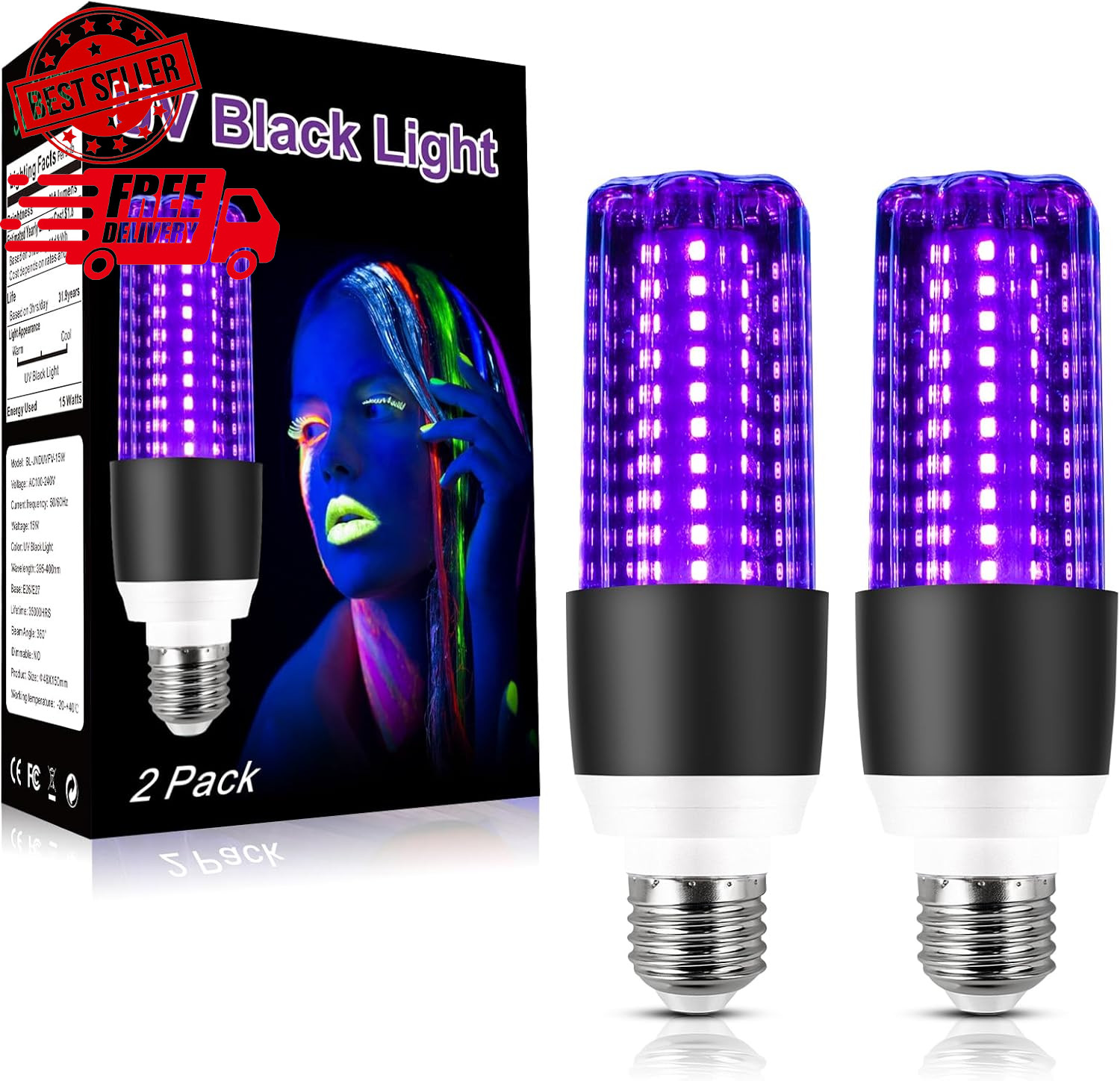 LED Black Light Bulb 15W UV Blacklight 100W 120V E26 Base, UVA Level 395-400n...