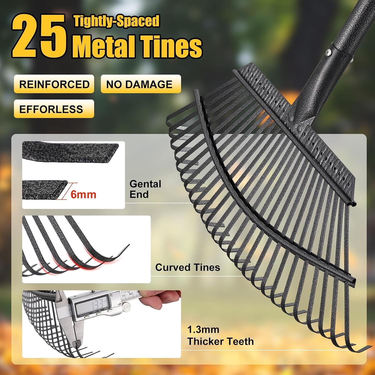 Garden Rake for Leaves: 18” Wide Metal Leaf Rake, 65” Long Adjustable Handle,...