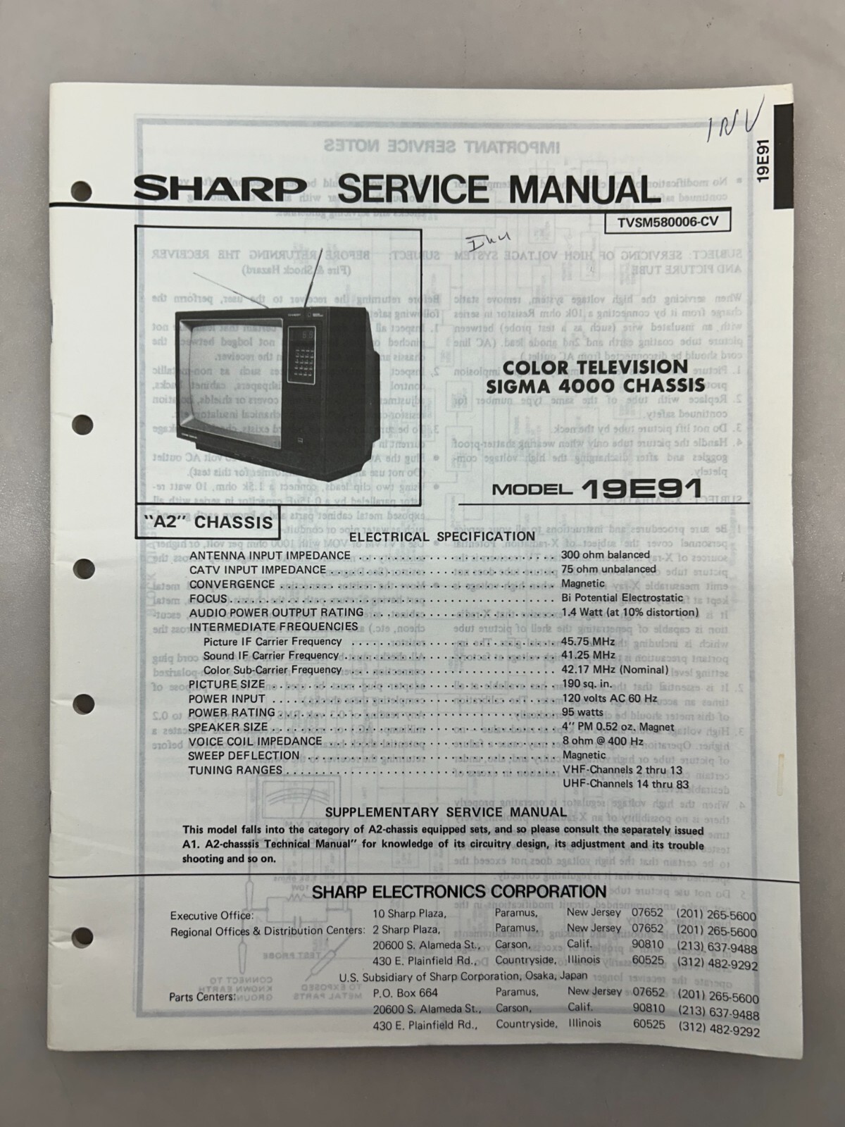 Sharp 19E91 Original Service Manual Free Shipping