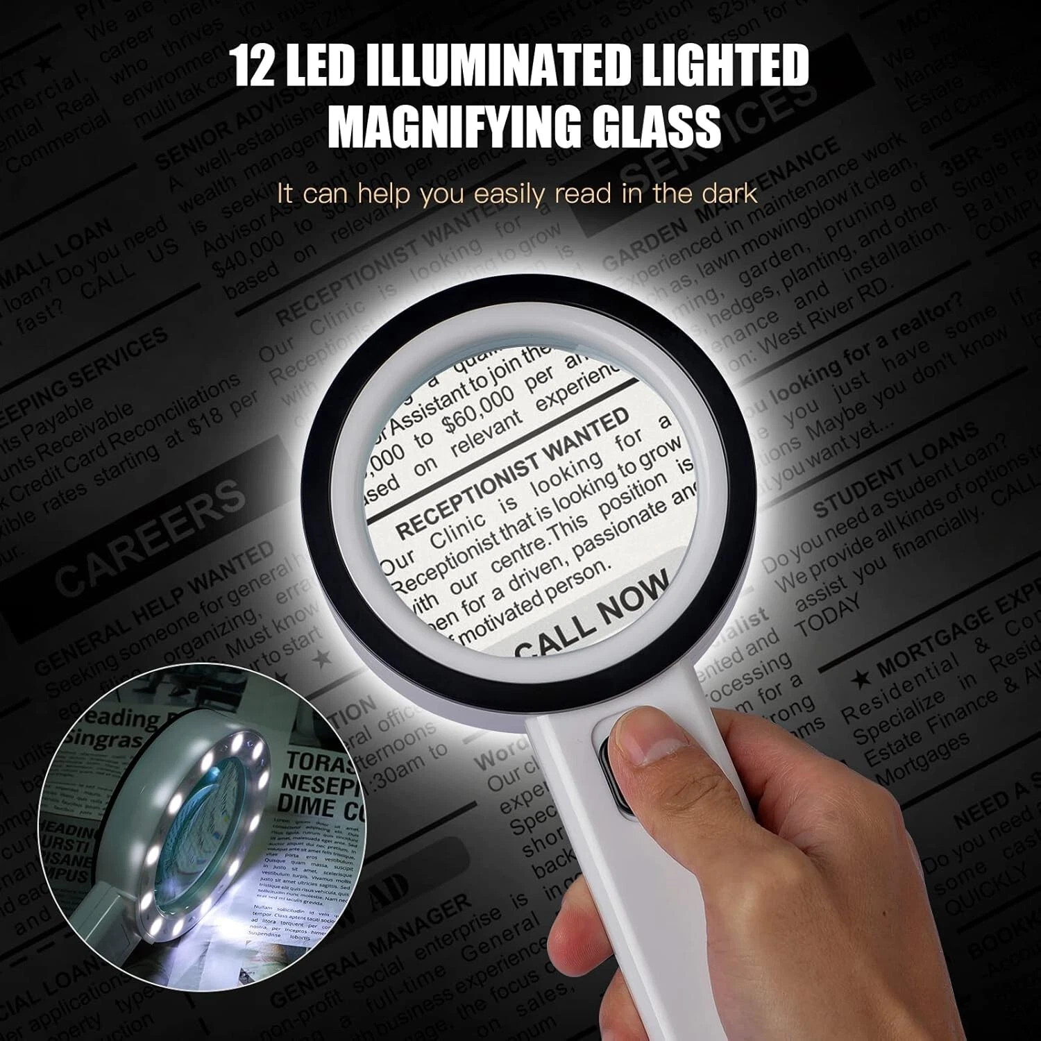 Jumbo Handheld Magnifying Glass w/ 12 Bright LED Light Illuminated 30X Magnifier