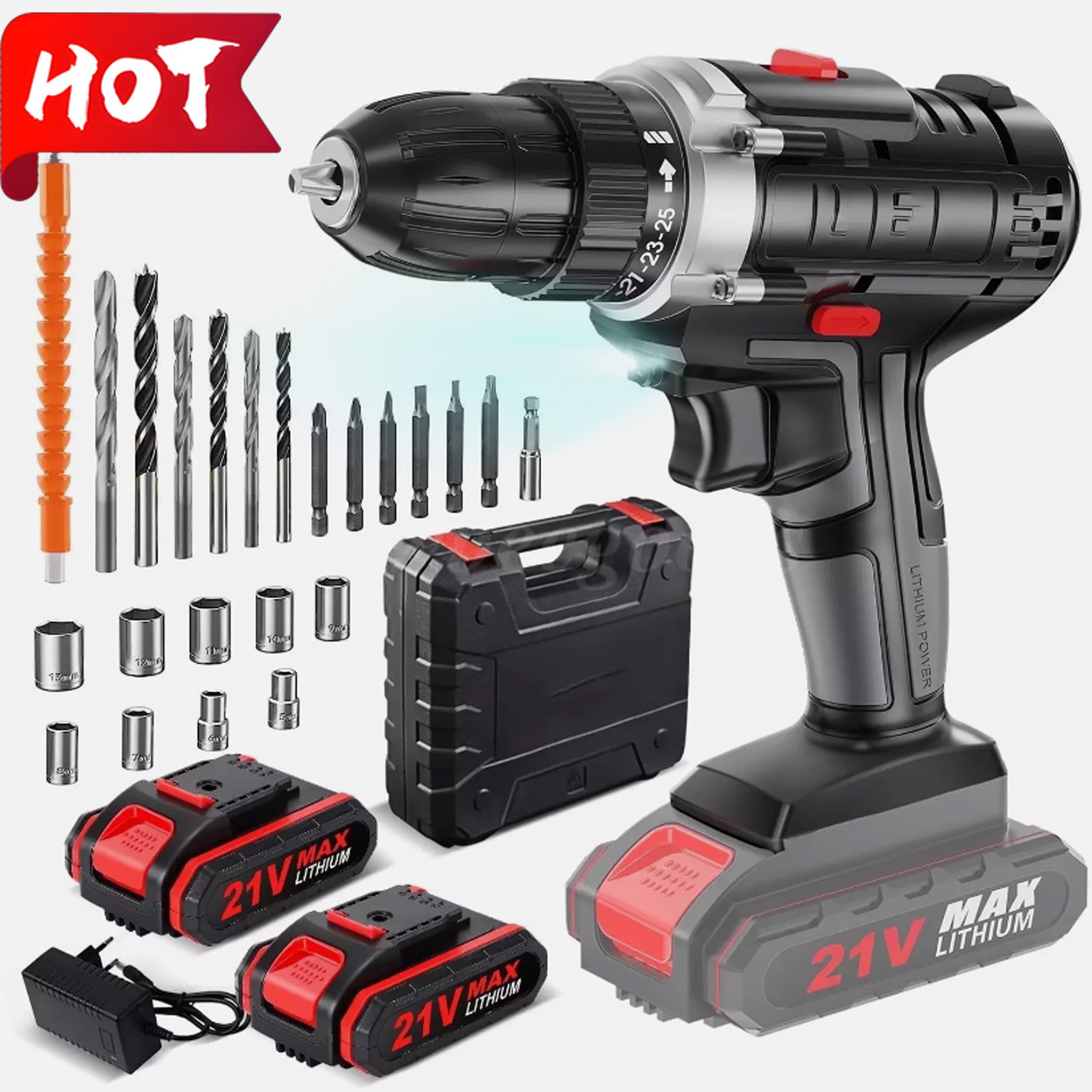 21V Electric Drill 3/8" Power Cordless Screwdriver Drill Set with 2 Battery Kit