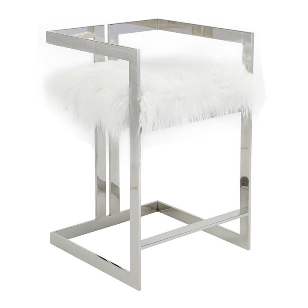 Pangea Home Kenzie 23.6" Stainless Steel & Faux Fur Counter Stool in White