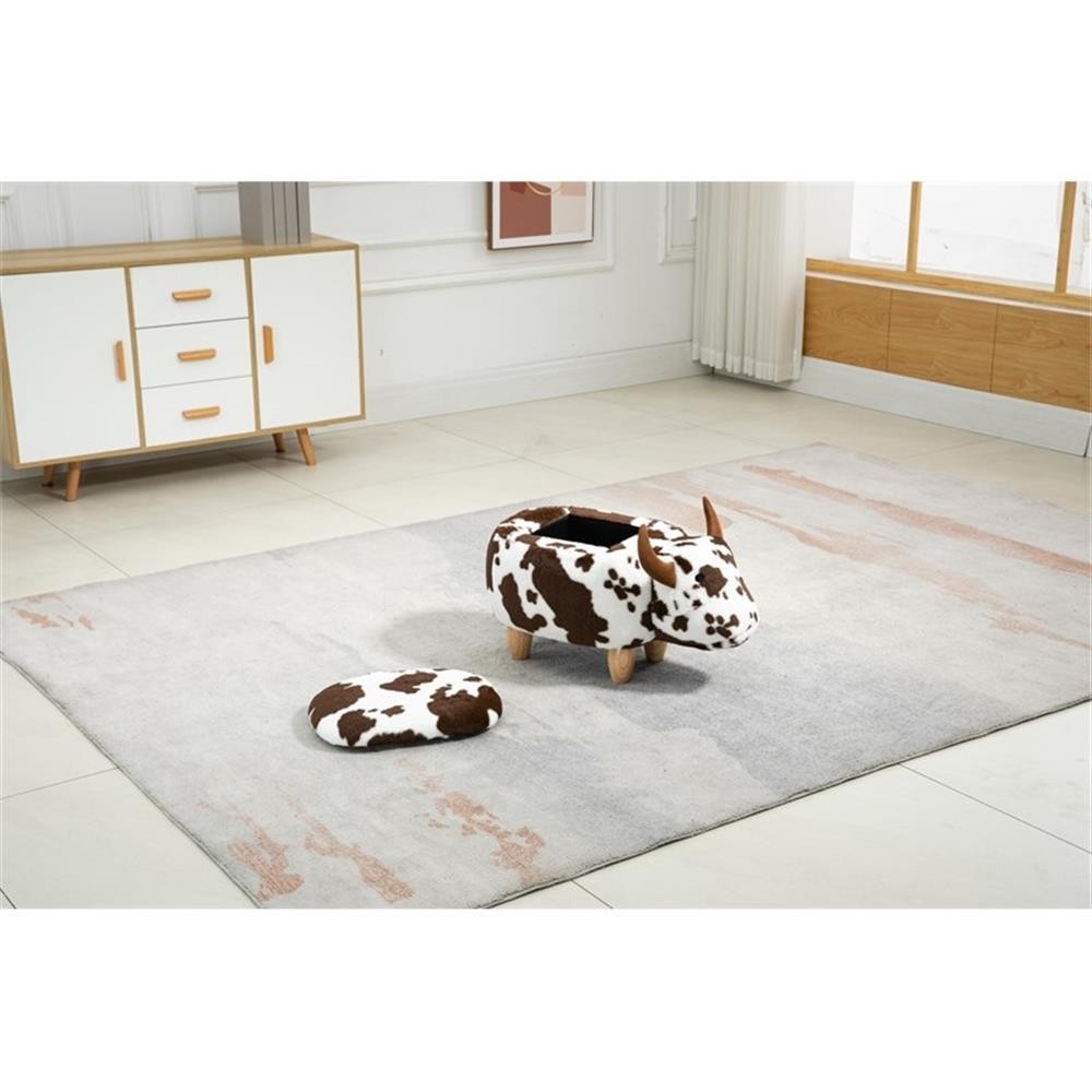 Pemberly Row Adorable Cow Traditional Fur Fabric & Wood Ottoman in Brown/White