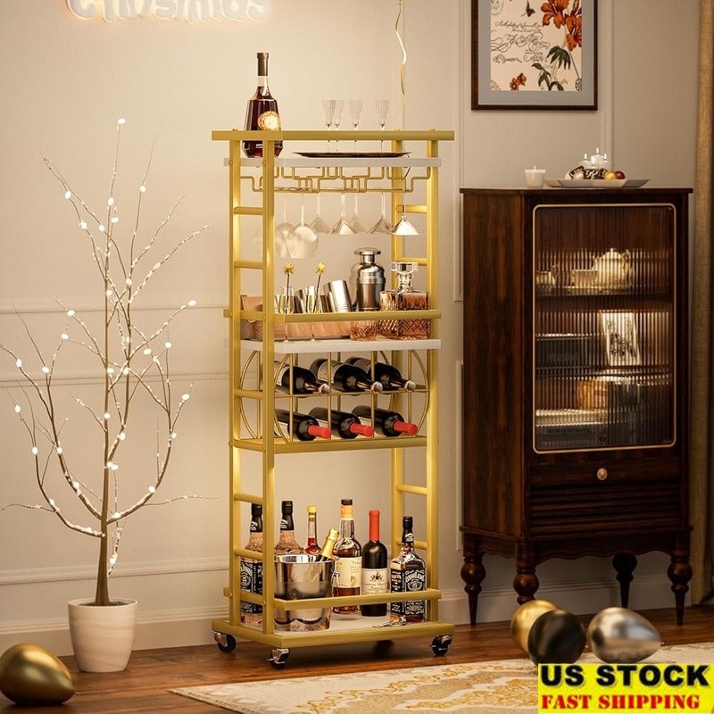 4-Tier Metal Bar Cart Rolling Storage Cart Wine Liquor Glassware Home Decor New