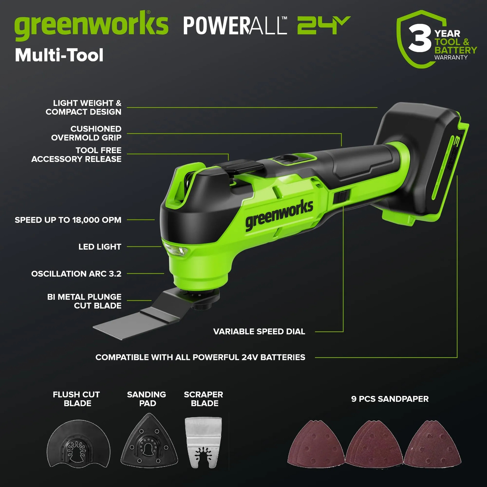 Greenworks CK361 Drill Impact Driver Circular Reciprocating Saw Multi-Tool