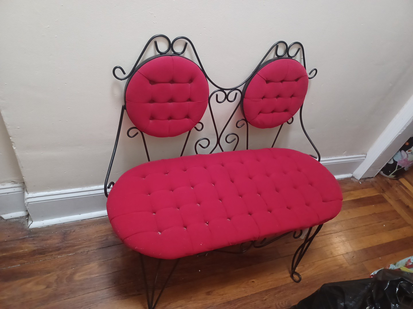 Red Tufted Bench Seat Antique Vintage Mid Century  Black Metal