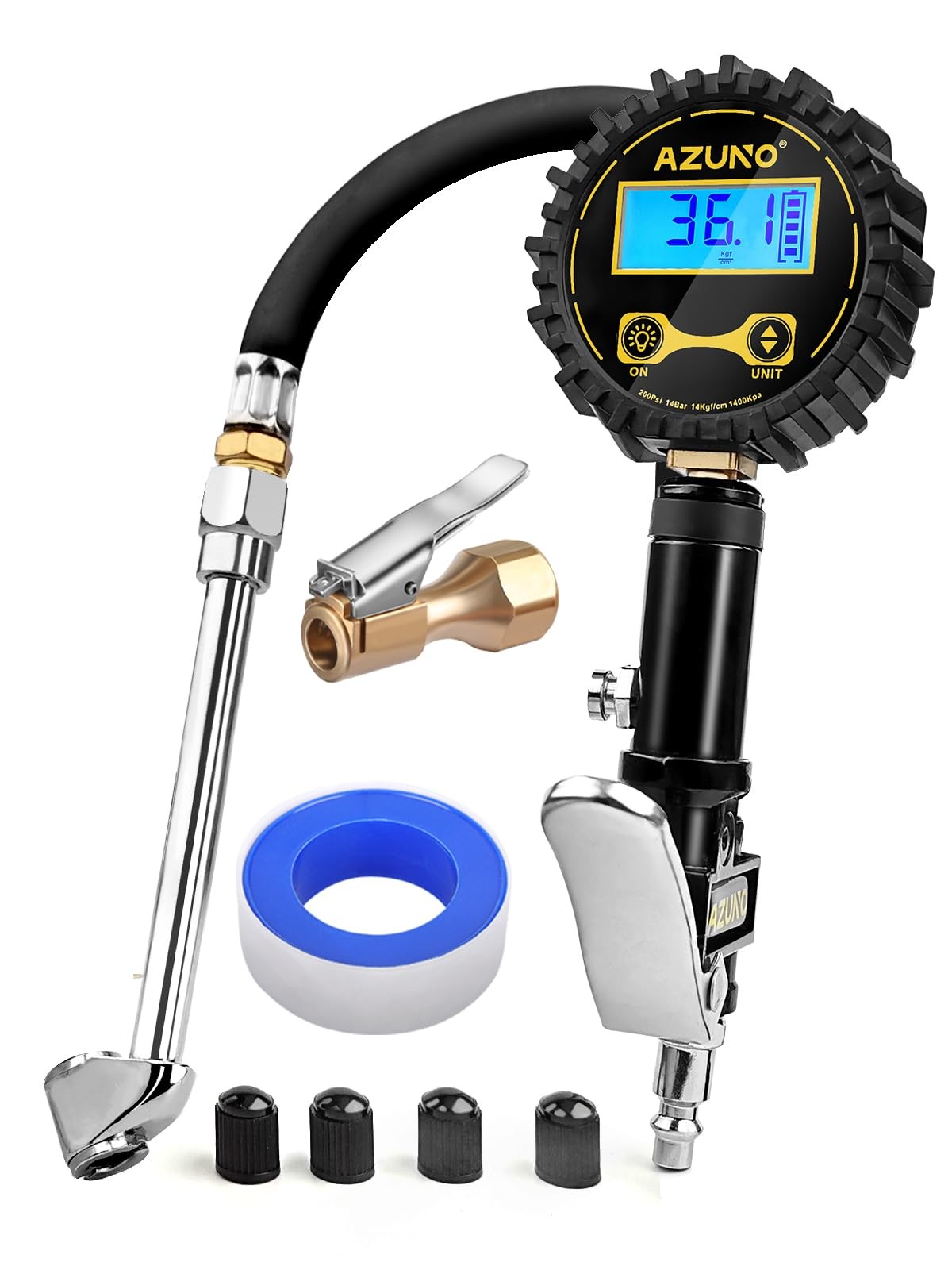 AZUNO Digital Tire Inflator with Pressure Gauge, 200 PSI, Standard, Black