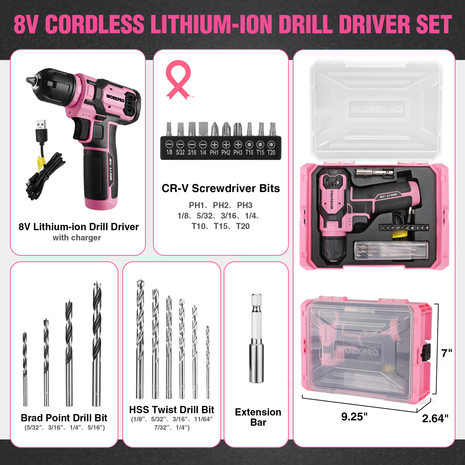 Power Drill Set&Stackable Tool Box 8V Cordless Drill Driver w/3/8" Keyless Chuck