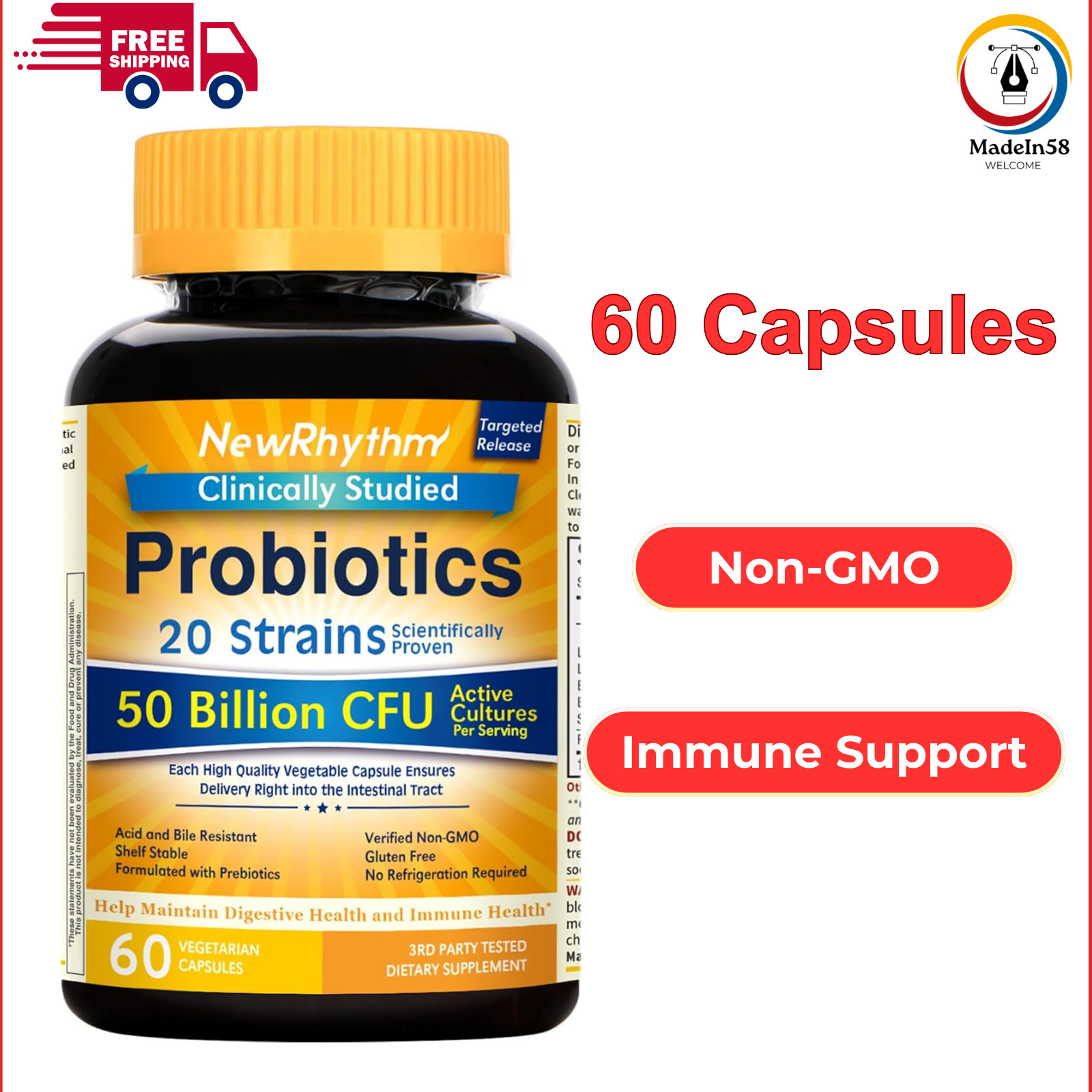 NewRhythm Probiotics 50 Billion CFU 20 Strains, 60 Veggie Capsules, Gluten Free