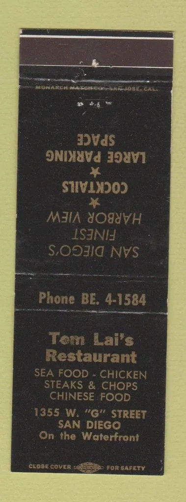 Matchbook Cover - Tom Lai's Restaurant San Diego CA WEAR
