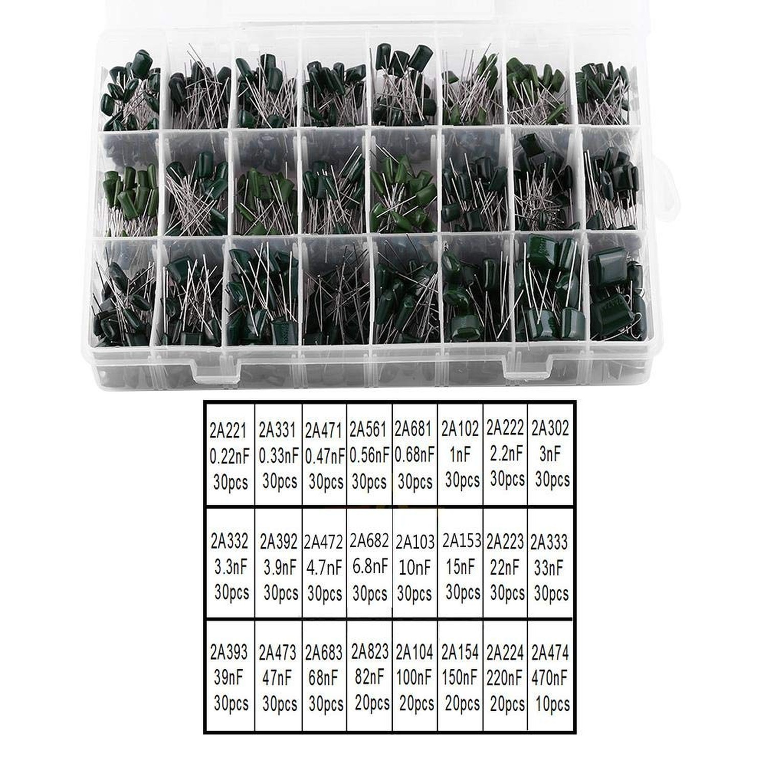 24 Values 660Pcs 100V Capacitor Assortment Kit with Storage Box,0.22nF-470nF ...
