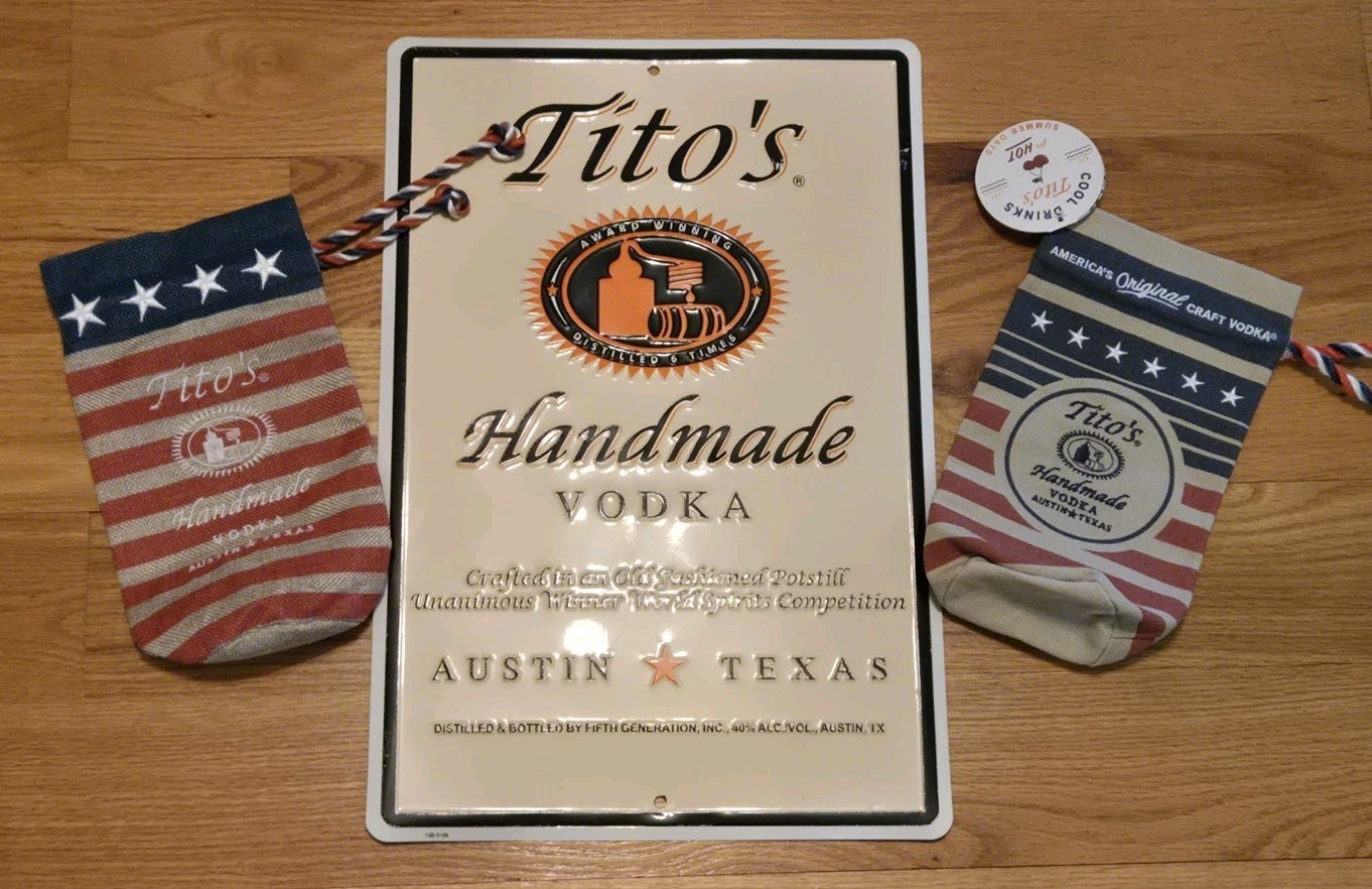 12x18in Tito's Tin Sign & 2 Canvas/Burlap 750 Bottle Bags