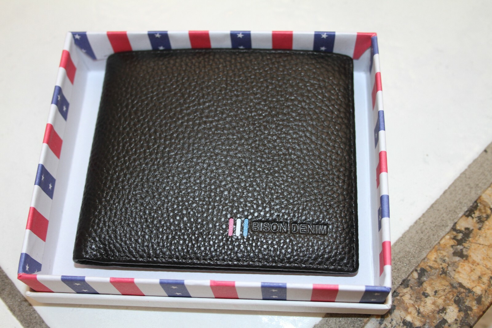 BISON DENIM Leather Wallet Men Fashion N4475-3BS Patriotic Black