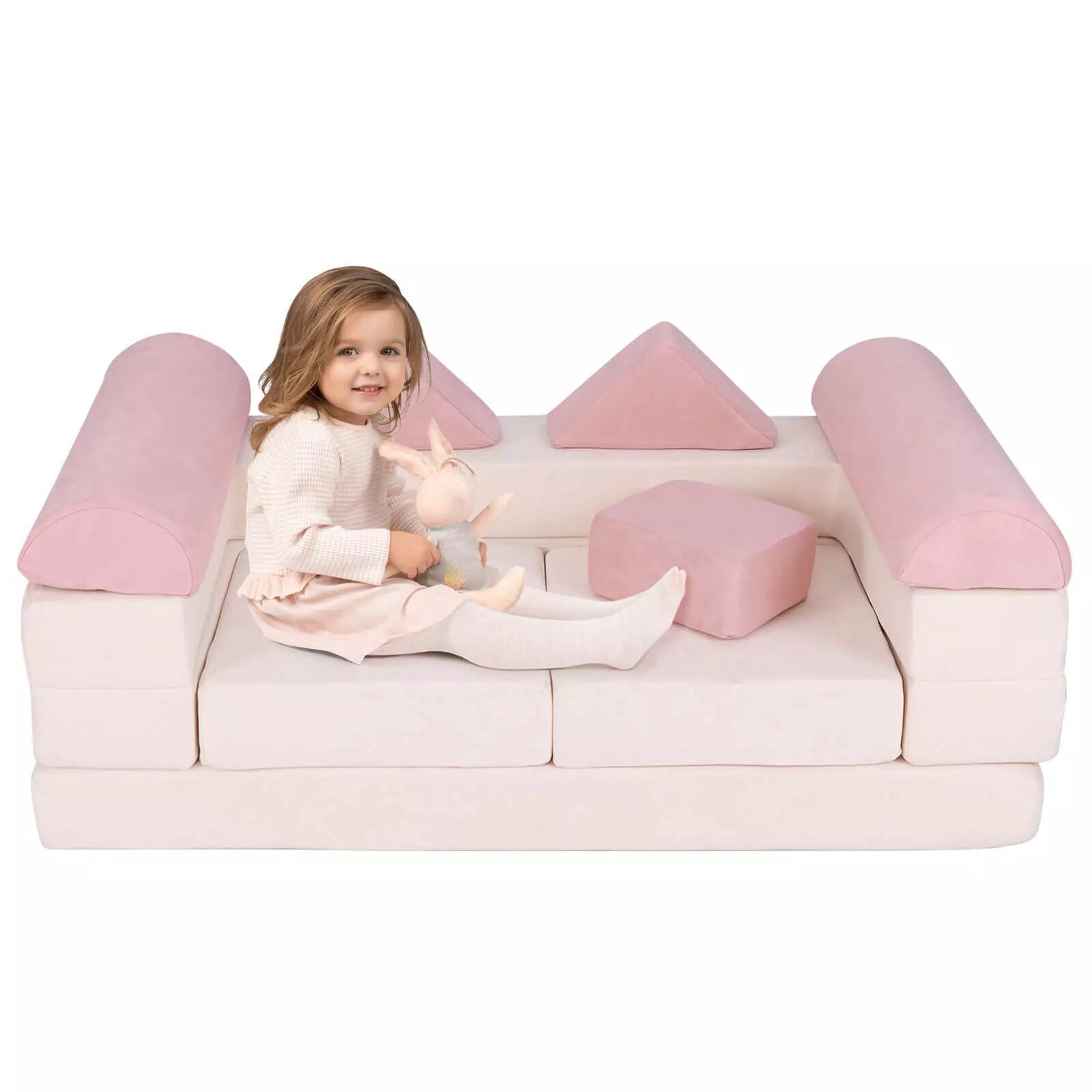 Kids Modular Play Couch, Convertible Foam Couch Play Set with Suede Fabric Cover