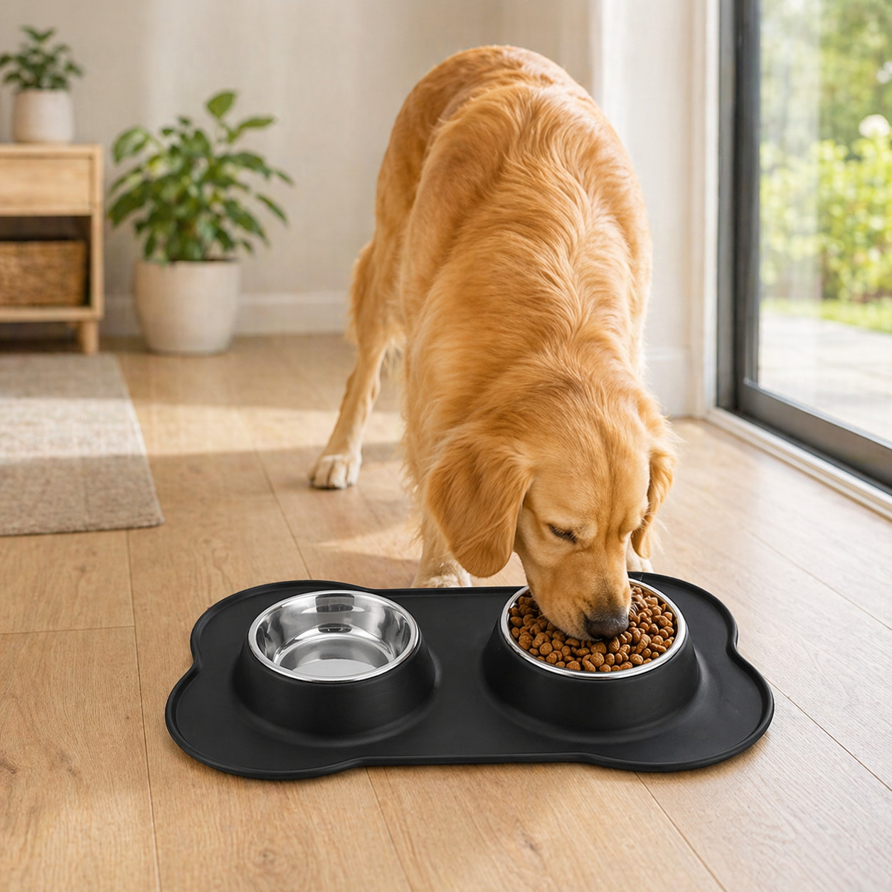 Double Dog Cat Bowl Stainless Steel Pet Feeder Anti Slip Silicone Feeding Mat