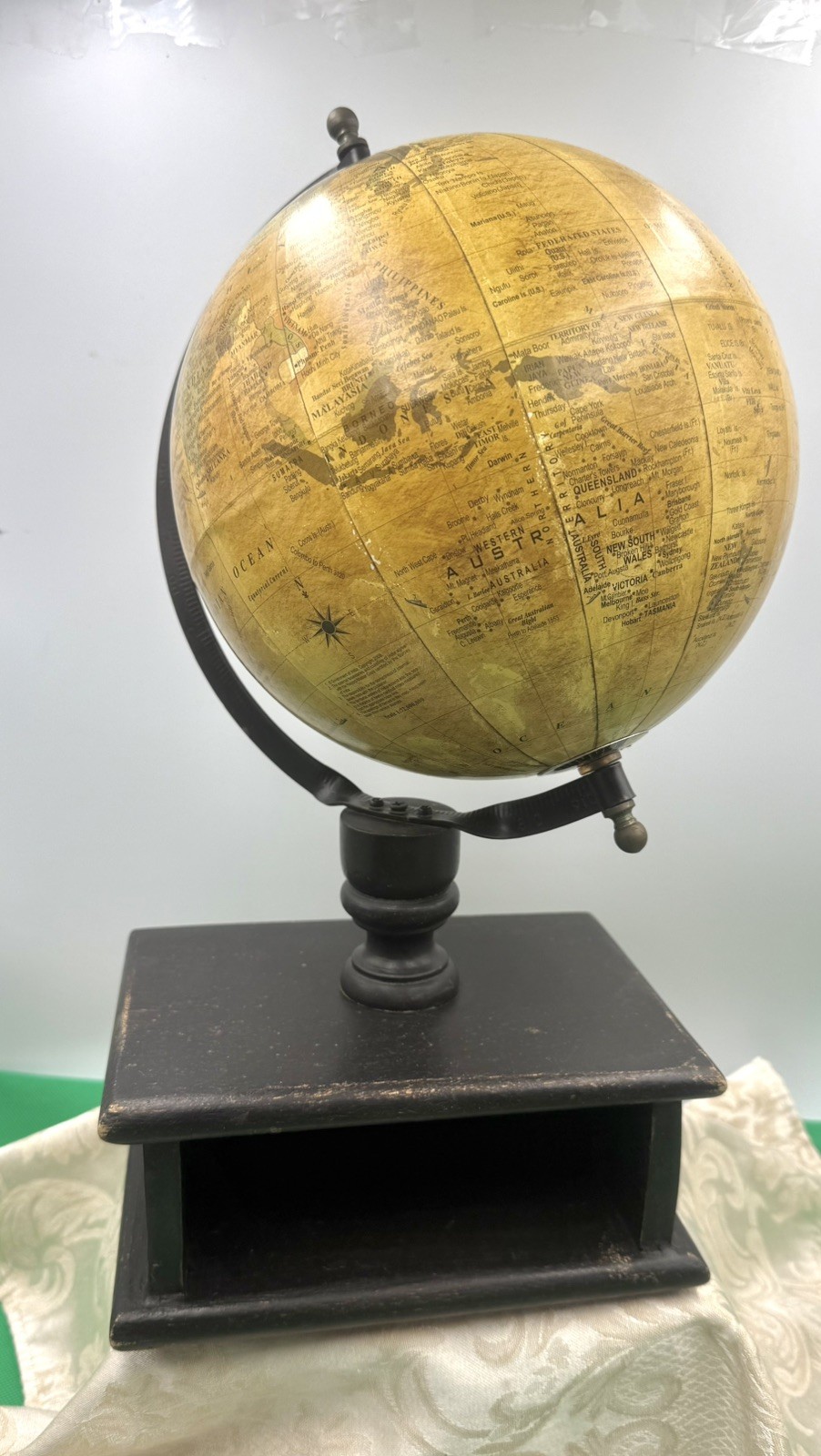 Decorative 16" World Globe with Rustic Wood Open Drawer