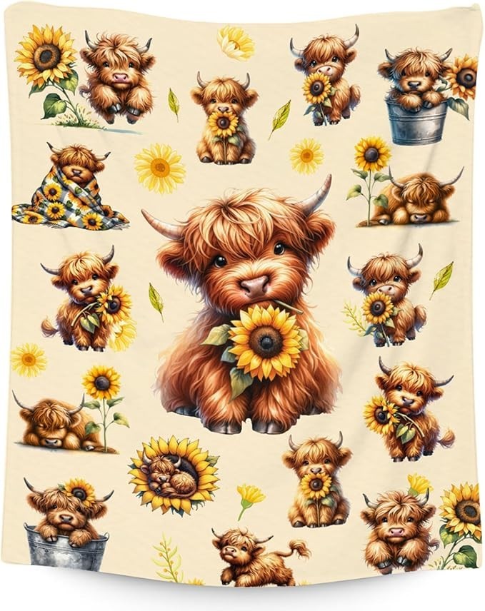 Highland Cow Flannel Blanket – Cute Sunflower Throw Gift for Girls Kids
