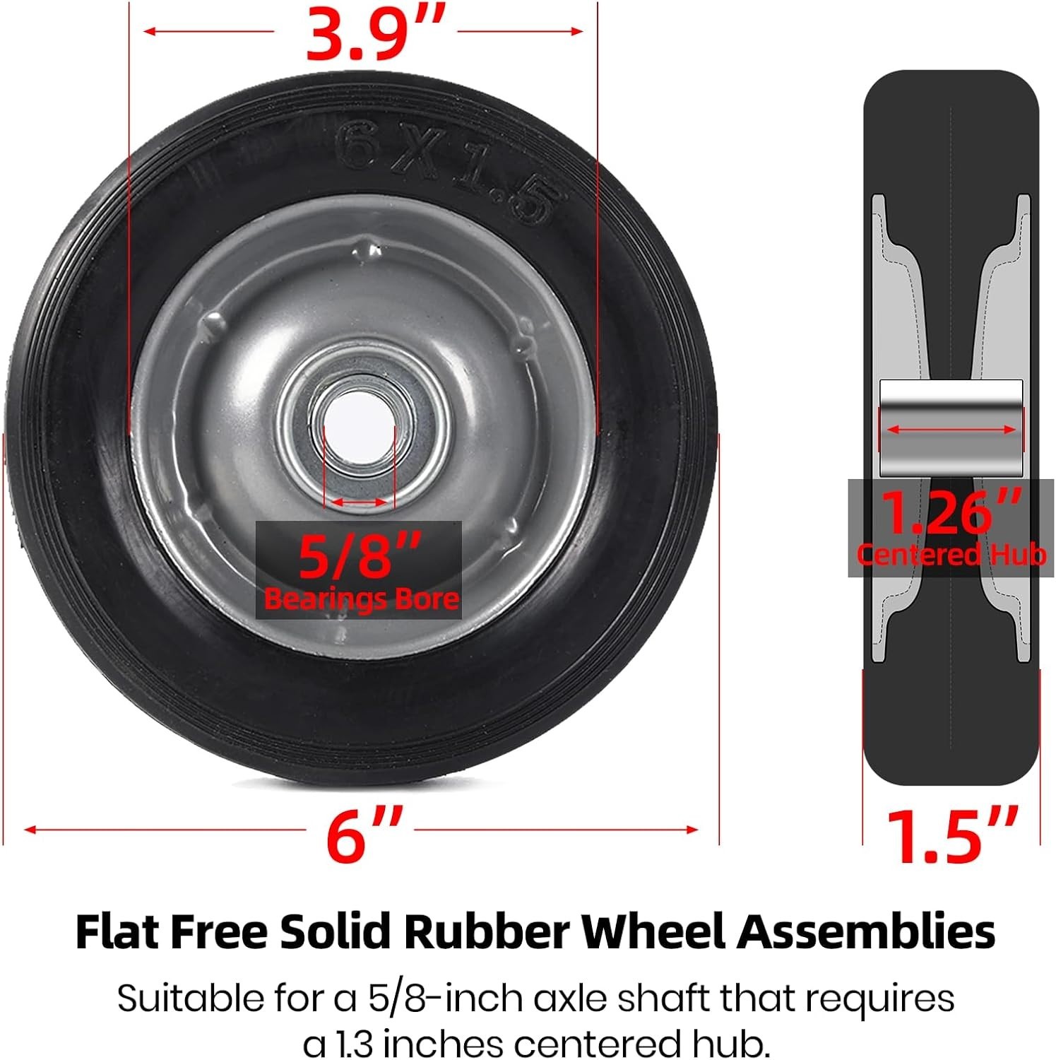 (2-Pack) AR-PRO 6” x 1.5” Flat Free Solid Rubber Wheel Assemblies 5/8" Bore Hole
