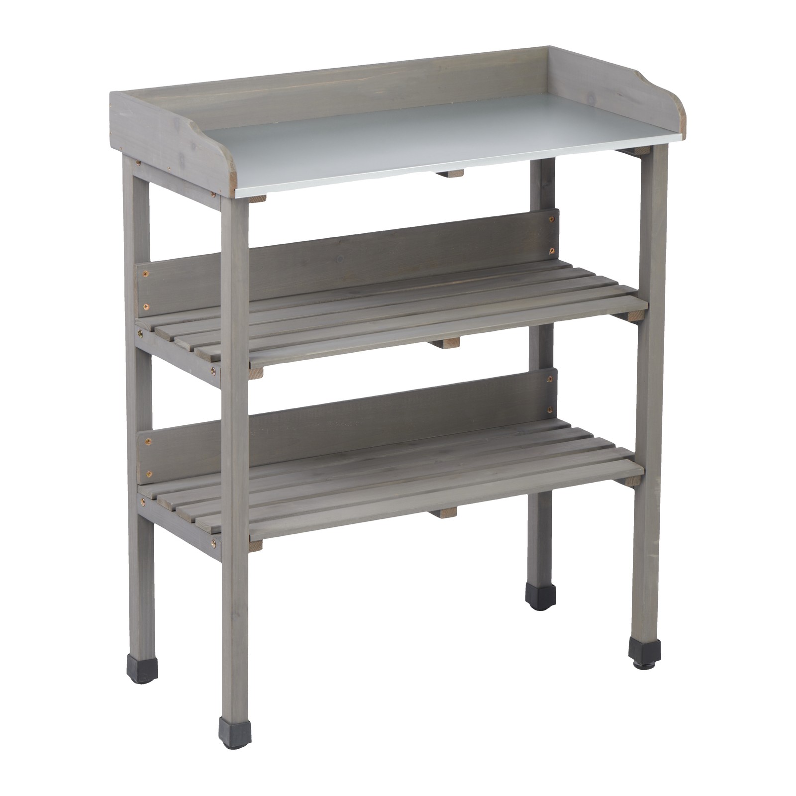 Potting Table with Metal Top, 3-Tier Solid Wood Workbench, 30.5" L