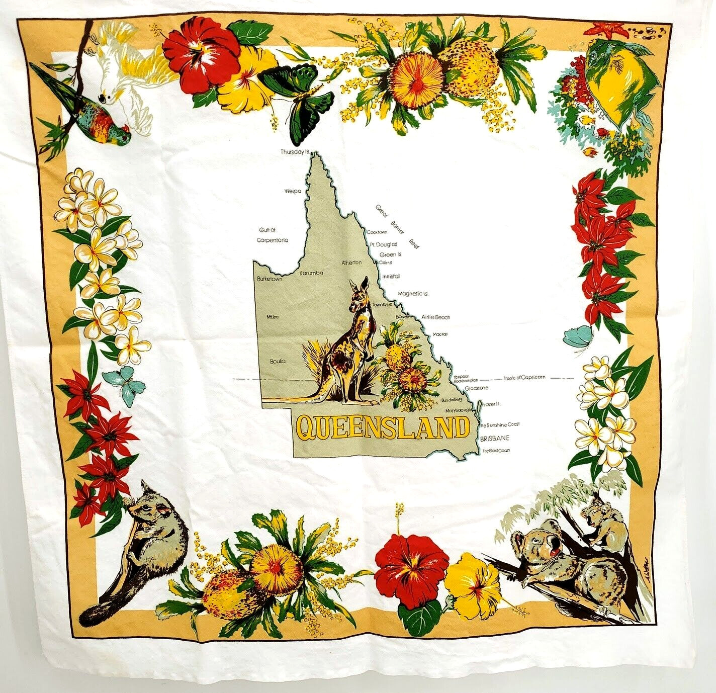 Map of Queensland Souvenir Linen Cloth Vtg Kangaroo Koala Floral Bird 13" x 13"